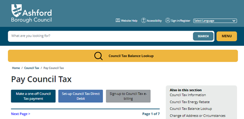 Showing the options available when choosing to pay council tax from Ashford Borough Council's website.